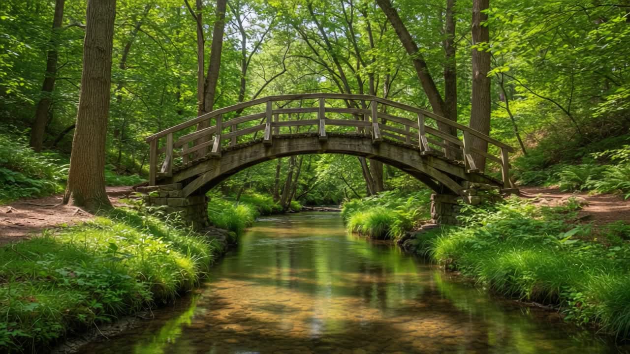 A Serene Wooden Bridge Over Tranquil Waters Surrounded by Lush Greenery ...