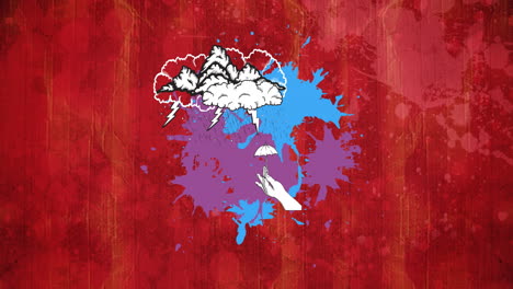 animación de iconos de manos y nubes sobre fondo rojo