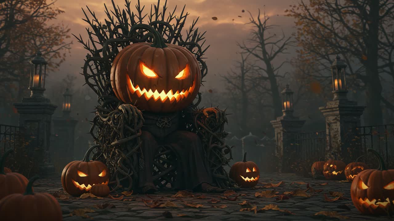 A Spooky Pumpkin Throne: Embracing the Haunting Atmosphere of Fall with Eerie Lanterns, Gnarled Trees, and Grinning Jack-o'-Lanterns Under a Twilight Sky