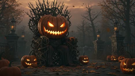 a spooky pumpkin throne: embracing the haunting atmosphere of fall with eerie lanterns, gnarled trees, and grinning jack-o'-lanterns under a twilight sky