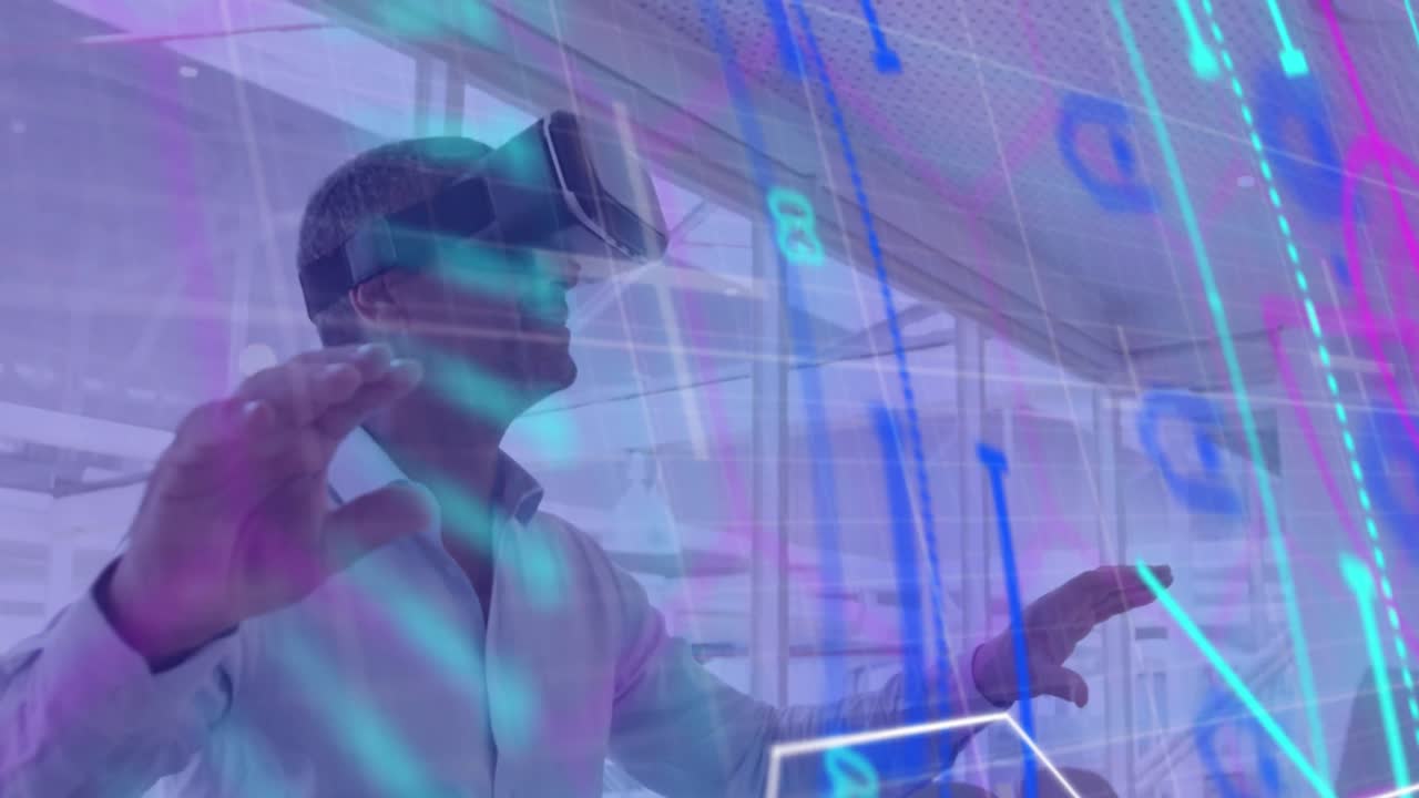 Neon scope scanner over grid network against african american man wearing vr headset at office