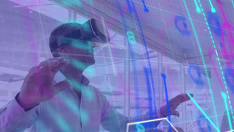 escáner de alcance de neón sobre la red contra hombre afroamericano que usa auriculares vr en la oficina