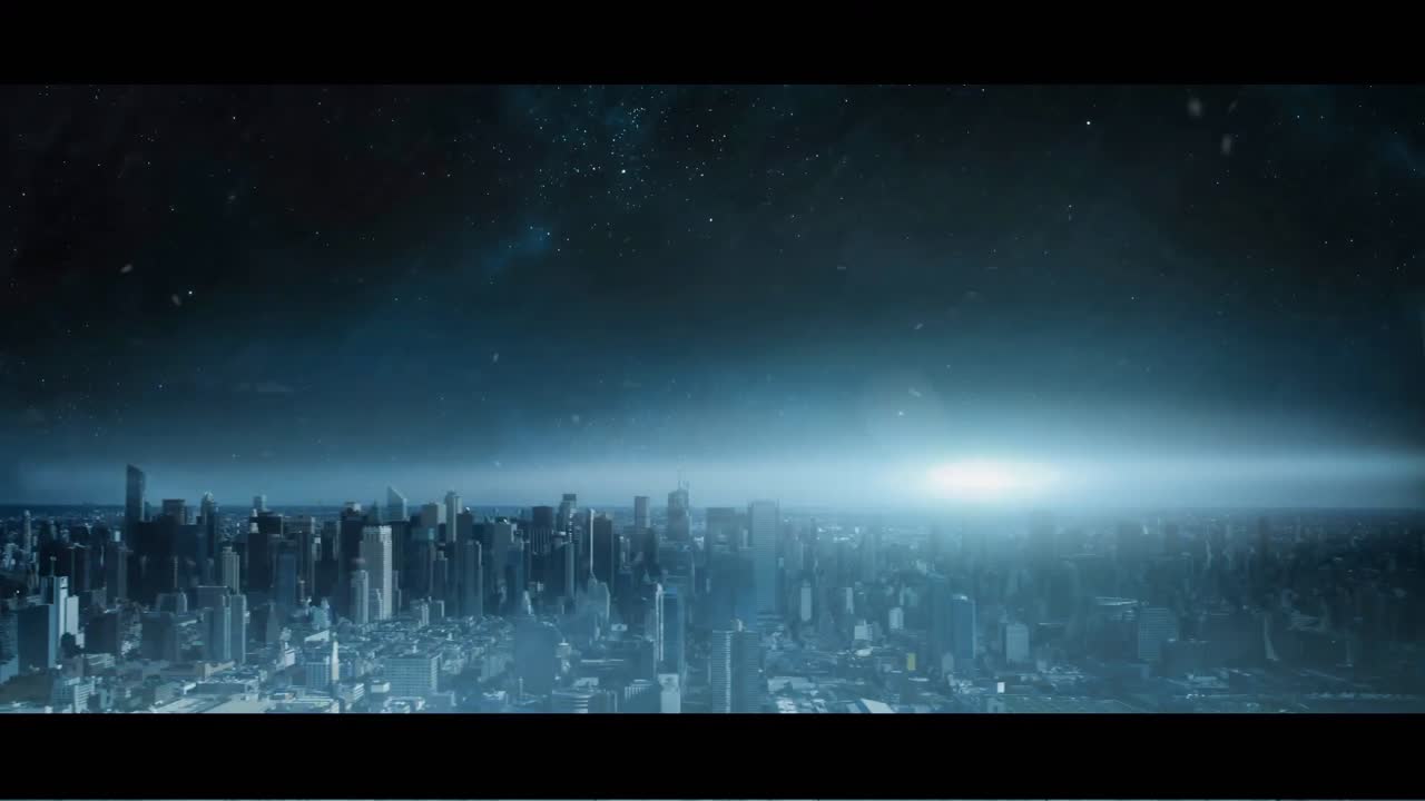 Animation of christmas scenery with snow falling and lightning over cityscape and sky