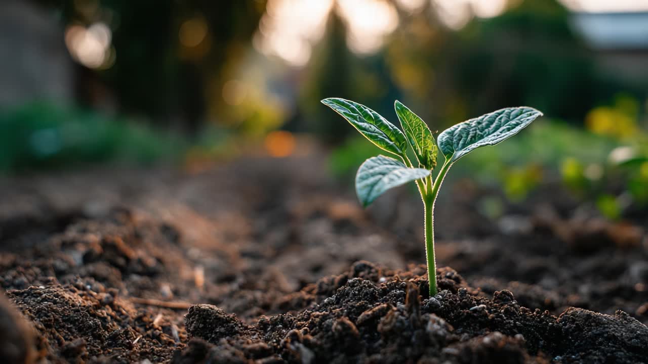 Un germoglio verde resiliente che emerge da un terreno arricchito, bagnato dalla luce dorata dell'alba, a simboleggiare crescita, speranza e la bellezza della natura all'inizio della primavera.