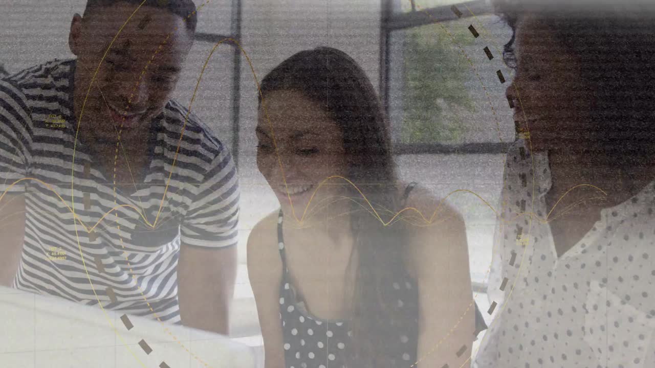 Team leaning over screen, center tapping pad, causing dashed circles and waves, celebrating tech