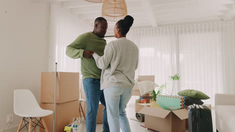 happy couple, dancing and moving into a house