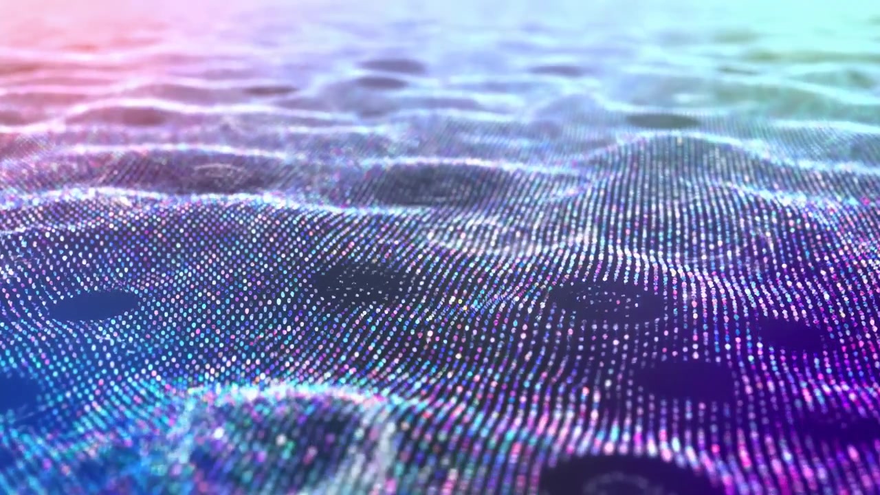 Neon Digital Wave Field Shimmering With Tiny Glowing Particles Across Rolling Mesh Surface, Slow Motion Pulses