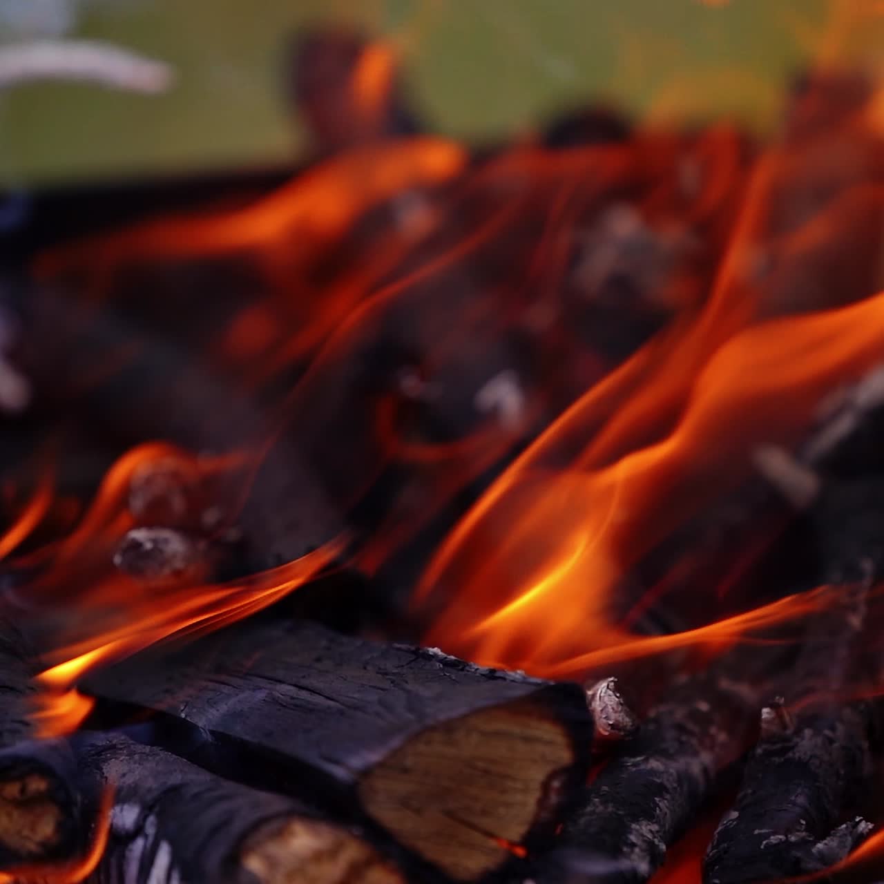 Fire flame in burning wood. Black wooden logs smoldering in flame for barbeque. Hot campfire. Close-up. Slow motion.