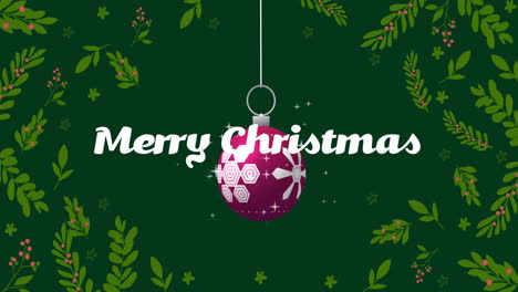 animación de feliz texto de navidad y bauble de navidad en fondo verde