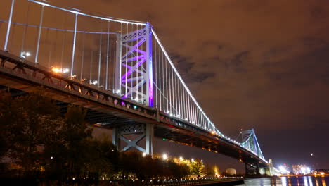 time-lapsed shot of the ben franklin bridge in philadelphia at night