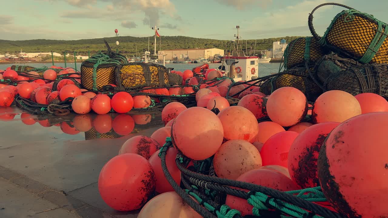 Eloisan punaiset poijut koristavat viehättävän espanjalaisen kalastajakylän laitureita, tiukasti ankkuroituina rannikon laituriin.