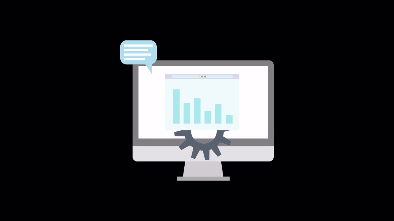 Animated Computer Monitor Displaying Data Chart with Gear and Speech Bubble Icons