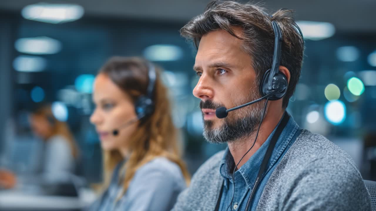 Focused Customer Support Agents Attending Calls in a Modern Call Center Environment with Clear Communication and Concentration on Client Needs
