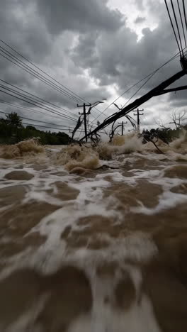 turbulent floodwaters and damaged power lines under dark skies