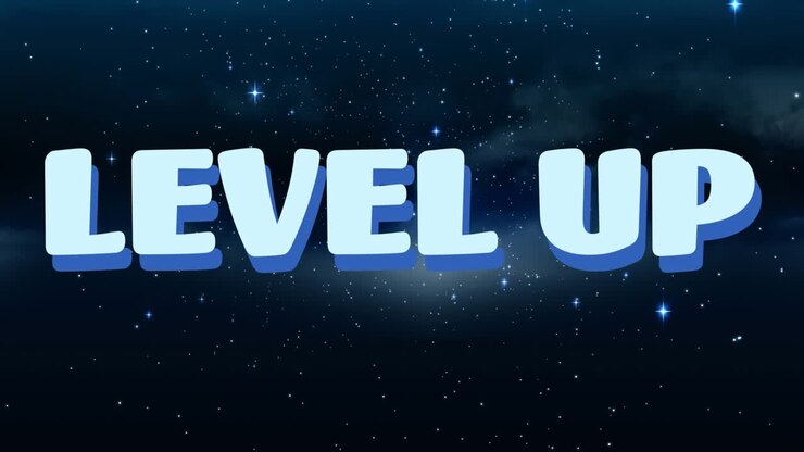 Animation of level up text over sky with stars