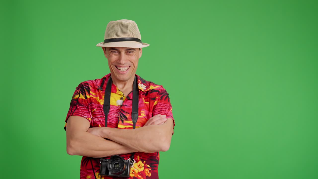 Happy tourist smiling on green screen background