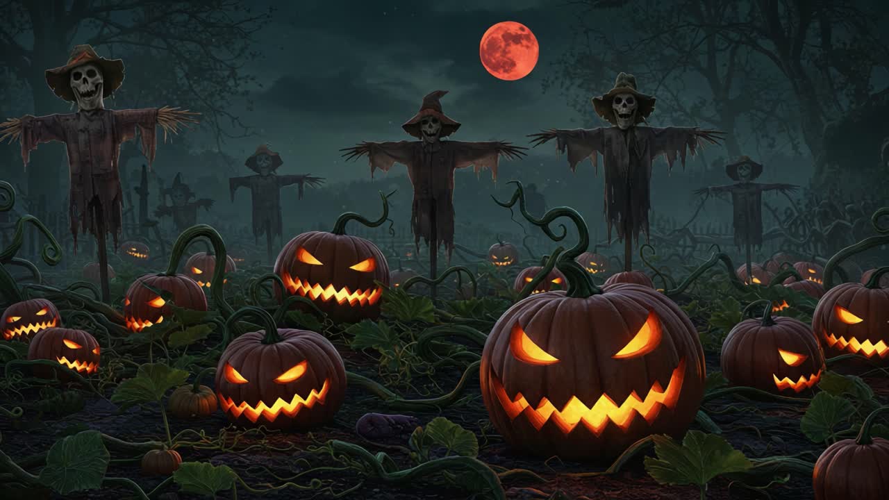 Spooky Halloween Scene with Eerie Scarecrows and Glowing Jack-o'-Lanterns Under a Blood Moon in a Dark, Foggy Pumpkin Patch Invoking Fear and Festivity