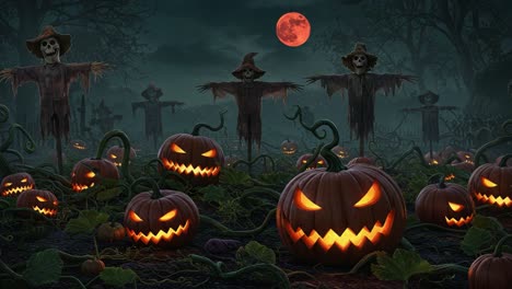 spooky halloween scene with eerie scarecrows and glowing jack-o'-lanterns under a blood moon in a dark, foggy pumpkin patch invoking fear and festivity