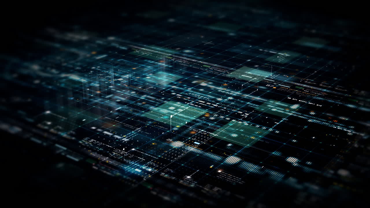 Futuristic abstract de-focus flowing data matrix, meta, metaverse, telemetry and encrypt numbers display with particles simulation in cyber space environment for head up display background