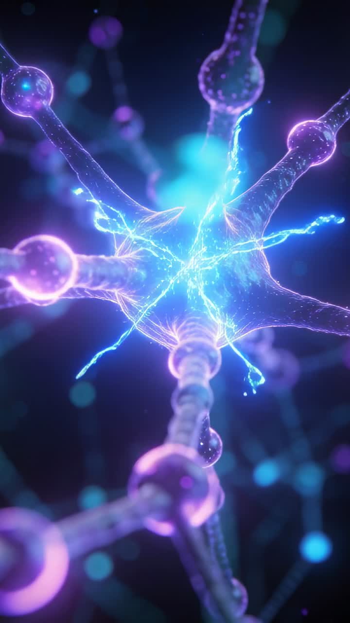 Neuron soma glowing purple following blue burst, sending signal along dendrites for neuroscience