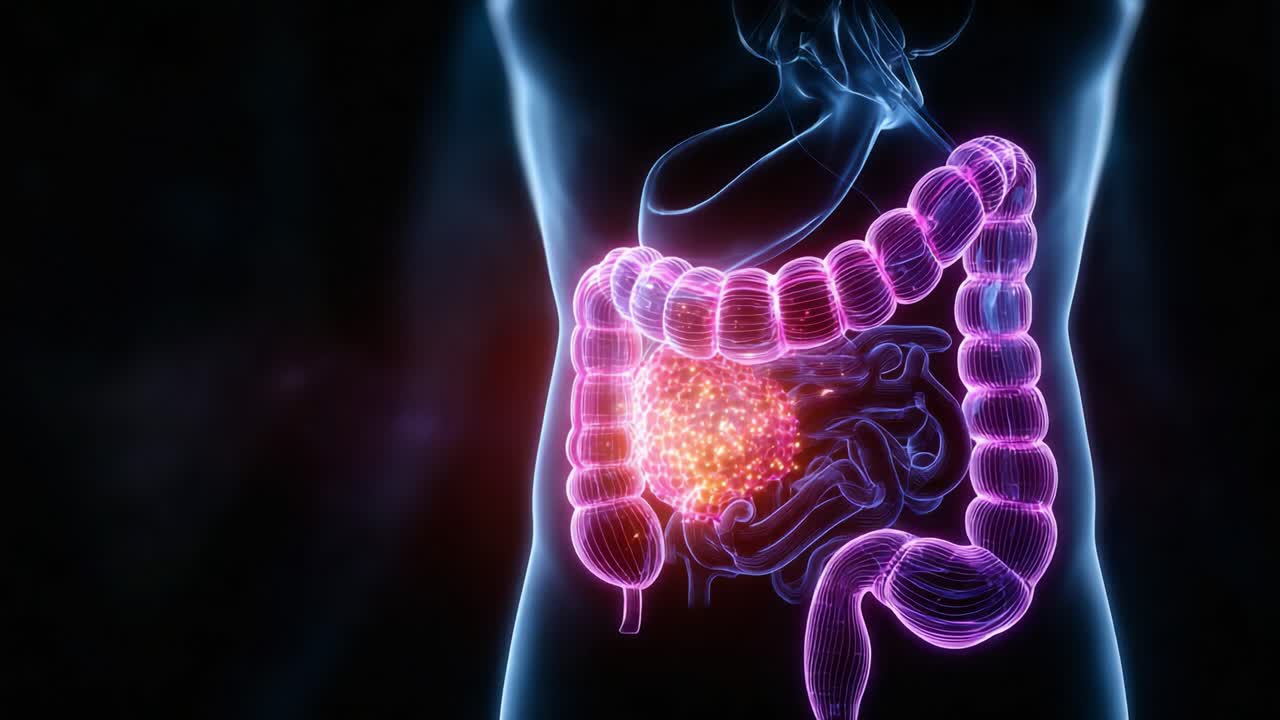 Visualizzazione dinamica del sistema digestivo umano che evidenzia gli intestini e il processo digestivo centrale con pulsazioni di energia radiante.