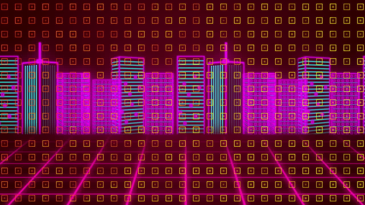 노란색 기하학적 모양의 애니메이션 다채로운 디지털 도시 풍경과 움직이는 다채로운 움직이는 그리드