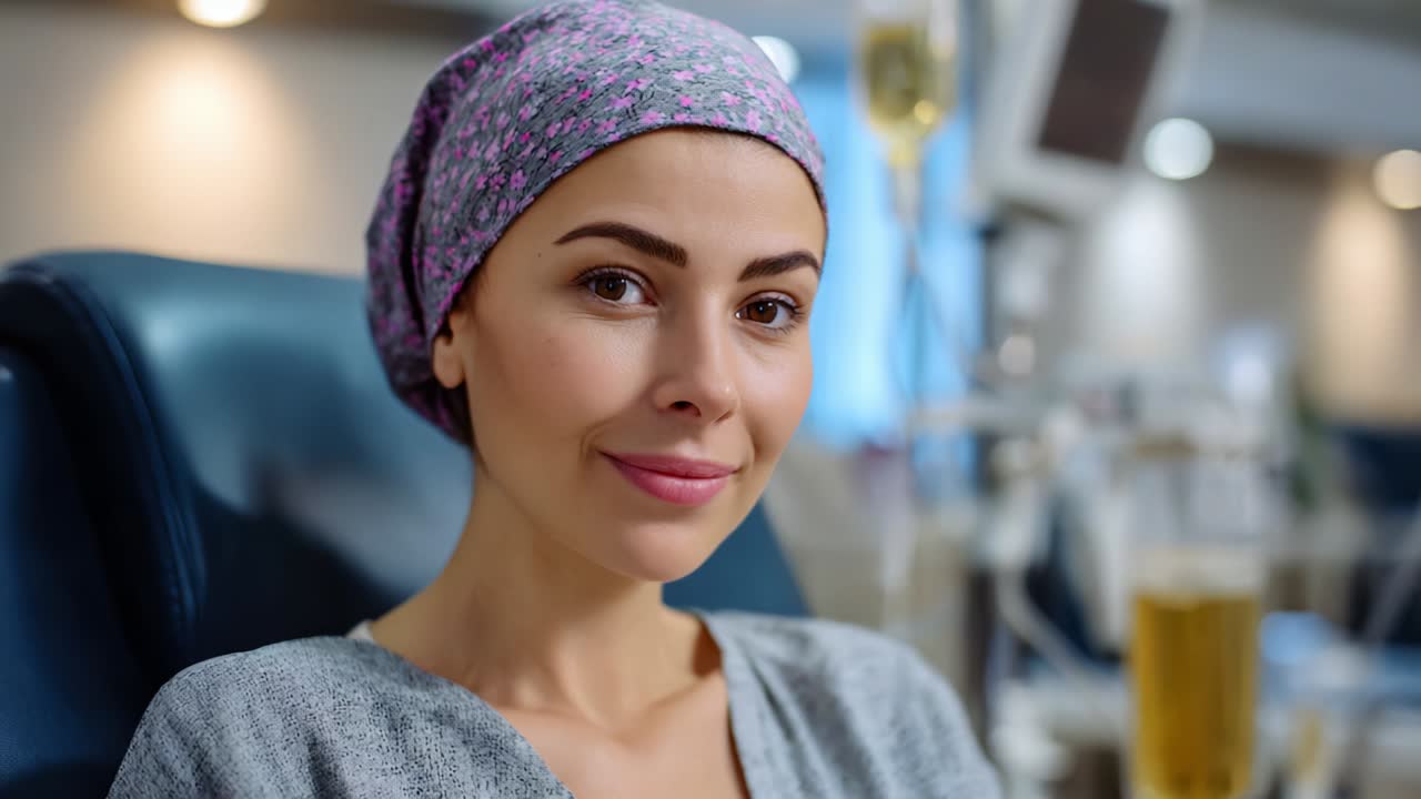 A young woman with a peaceful demeanor sits comfortably in a medical treatment center wearing a colorful scarf, embodying resilience and hope while surrounded by medical equipment and a warm atmosphere