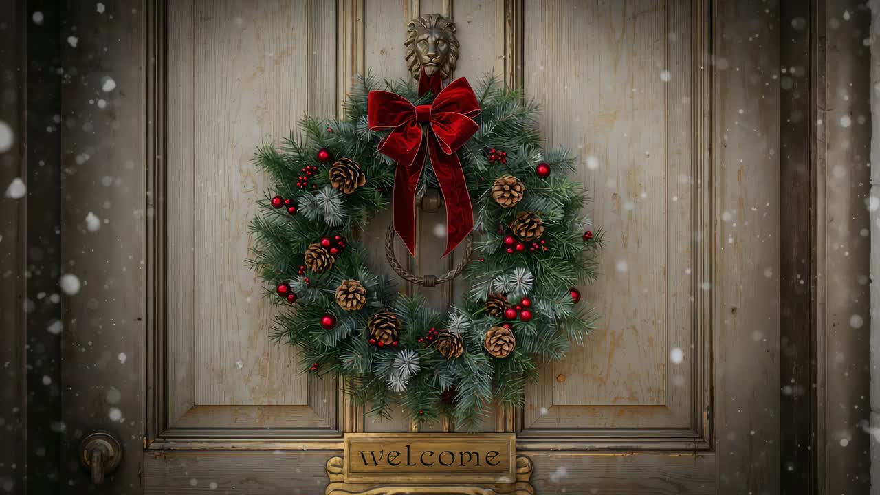 Snowfall starting, snowflakes drifting past wreath on front door with brass knocker, welcome plaque