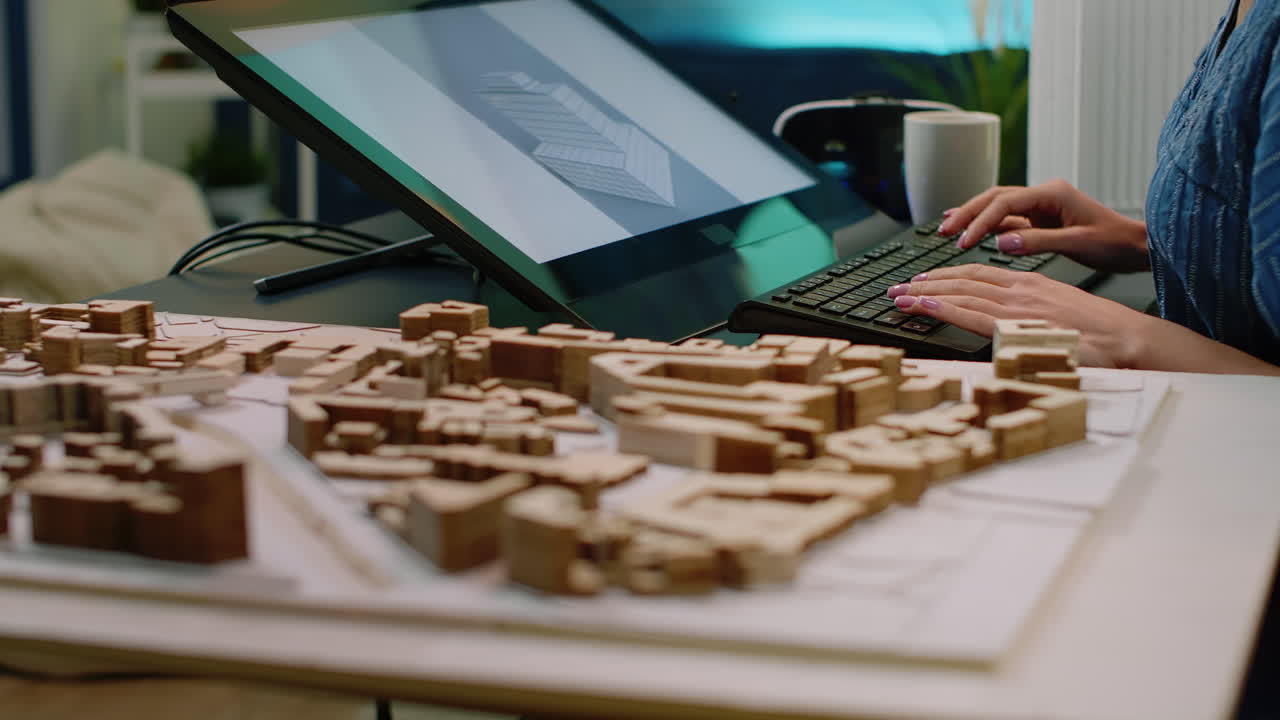 Close up of building model on table and woman using touch screen