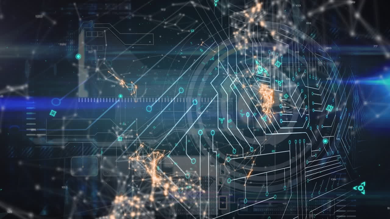 Animation of network of connections and icons over dark background