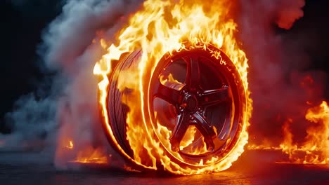 a car wheel on fire with smoke coming out of it