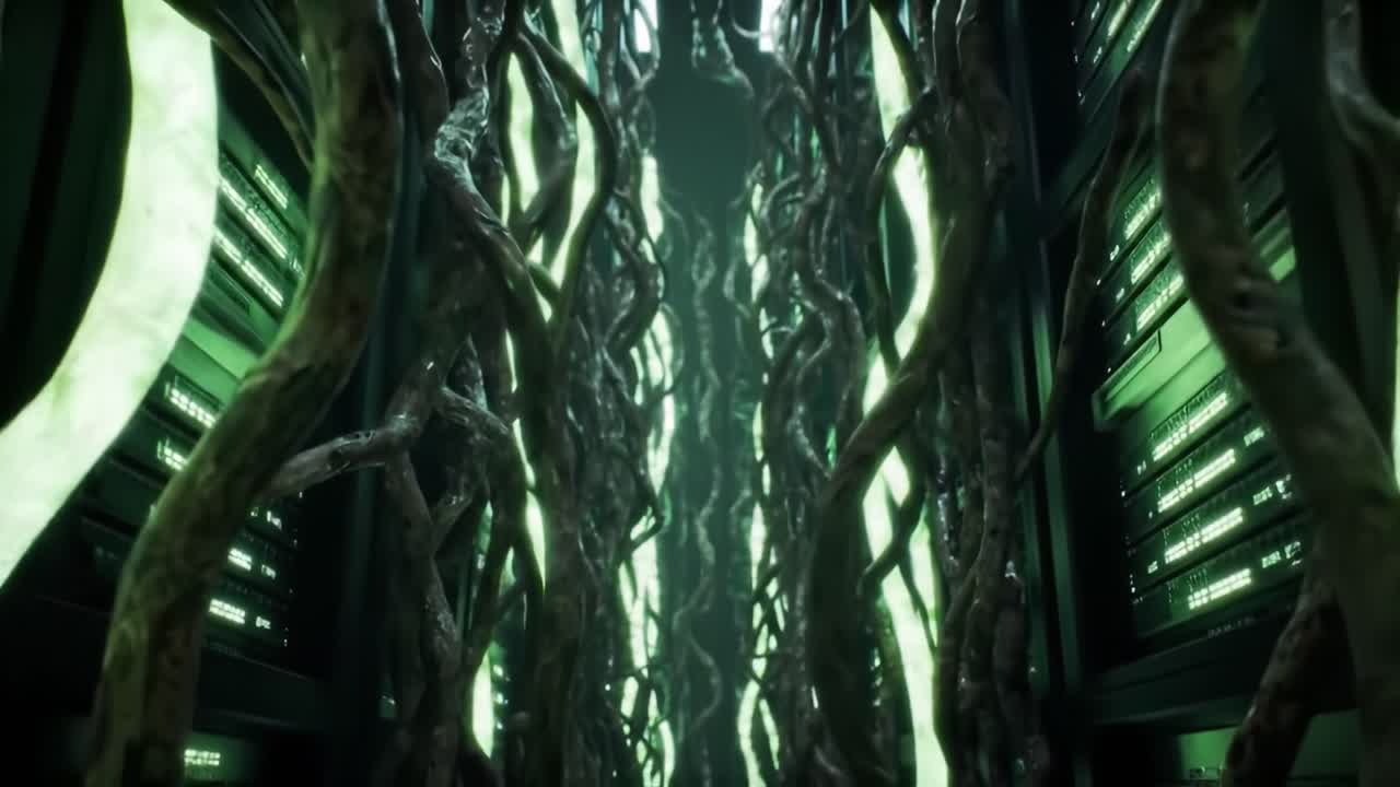 Unique intertwining vines merge with technology in a dark, immersive environment. The blend of nature and artificial elements creates an otherworldly atmosphere in a futuristic setting.