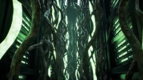 unique intertwining vines merge with technology in a dark, immersive environment. the blend of nature and artificial elements creates an otherworldly atmosphere in a futuristic setting.