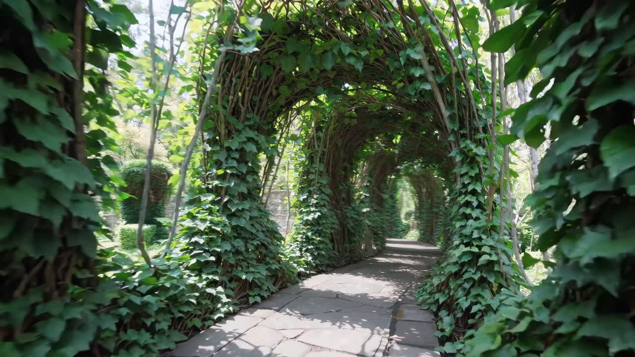 A tranquil garden pathway with arching vines, captured in a wide-angle video shot, evokes a serene