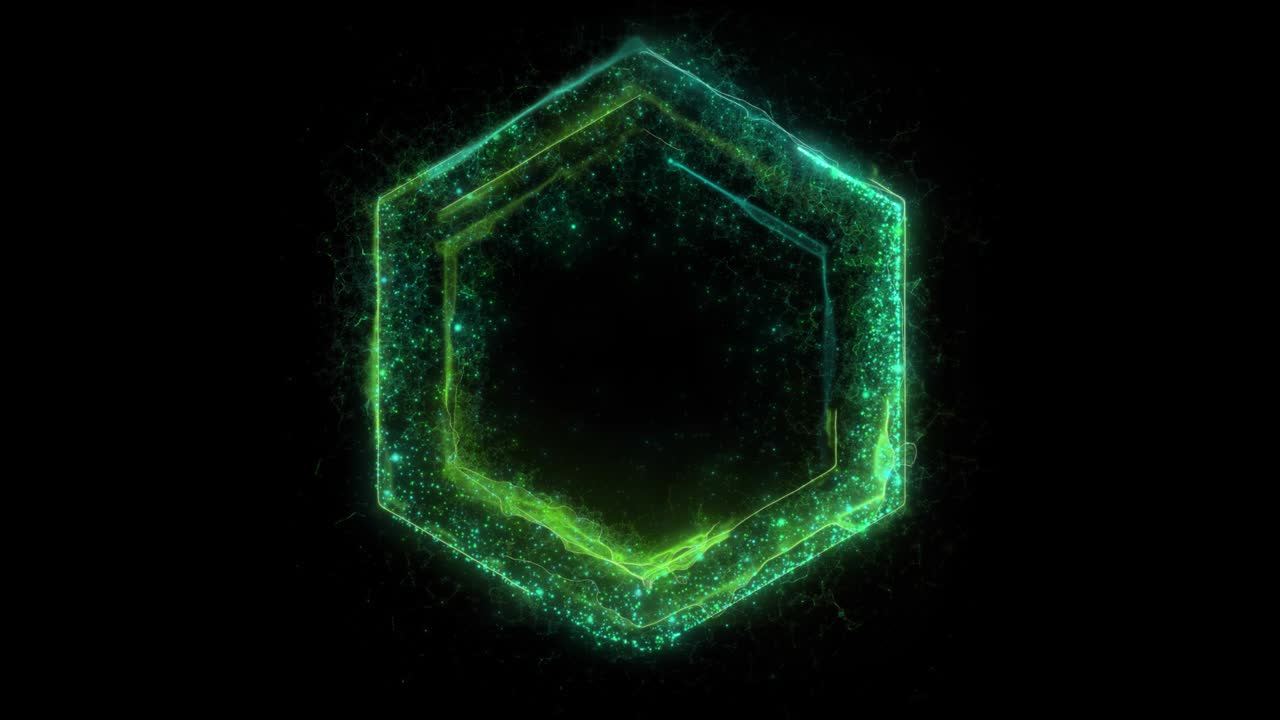 animación de un portal eléctrico hexagonal verde que consiste en relámpagos, energía y partículas aisladas en fondo negro con alpha luma matte vfx cg 4k. puerta espacial. ciencia ficción. futurista.