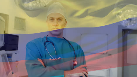 Animation-of-flag-of-colombia-waving-over-surgeons-in-operating-theatre