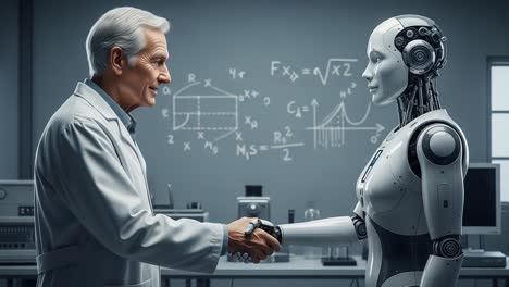 in a cutting-edge laboratory, a scientist and a humanoid robot engage in a handshake, symbolizing the collaboration between human intellect and artificial intelligence.