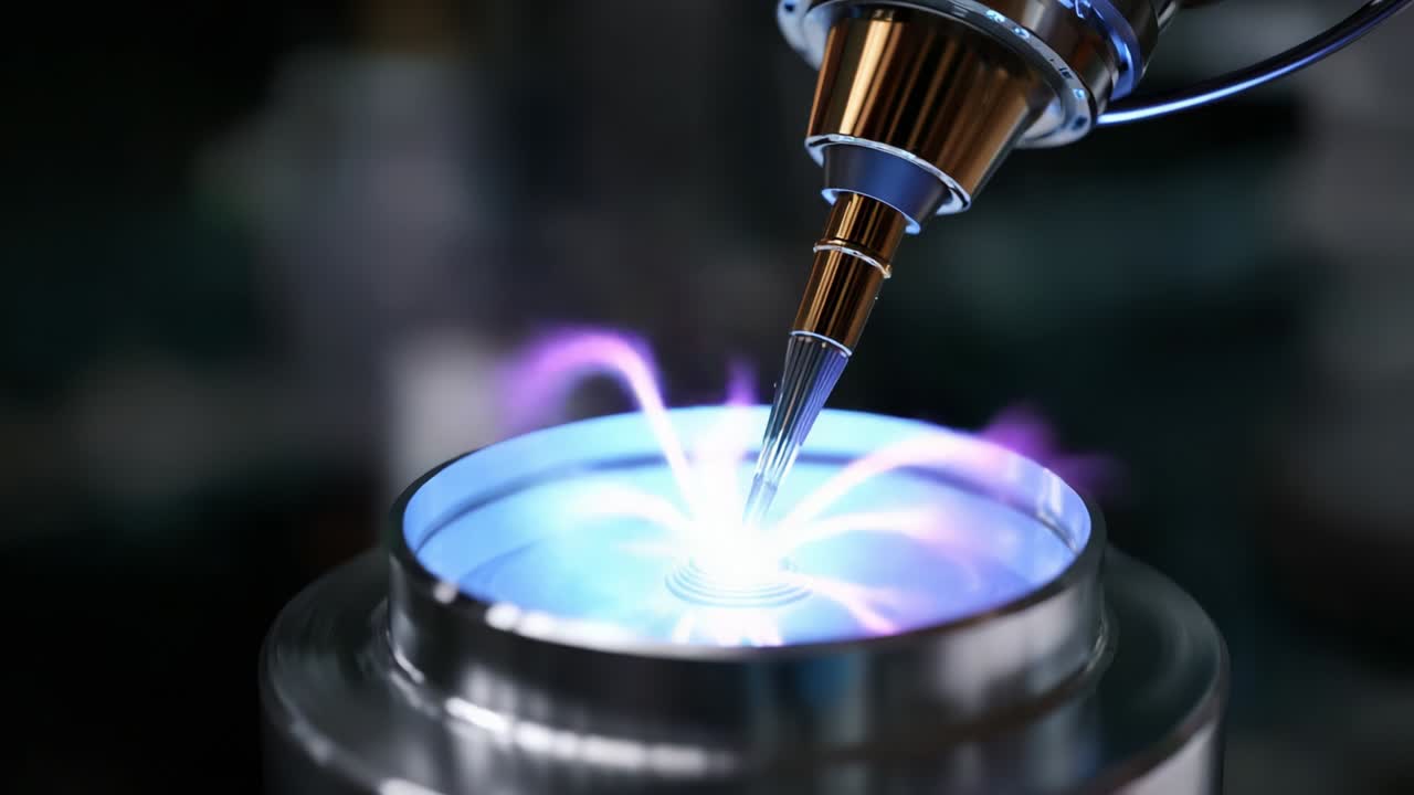 Captivating Visuals of a High-Tech Apparatus Generating Electric Energy with Colorful Plasma Streams Amidst a Refined Container, Showcasing Intricate Details of Technological Innovation