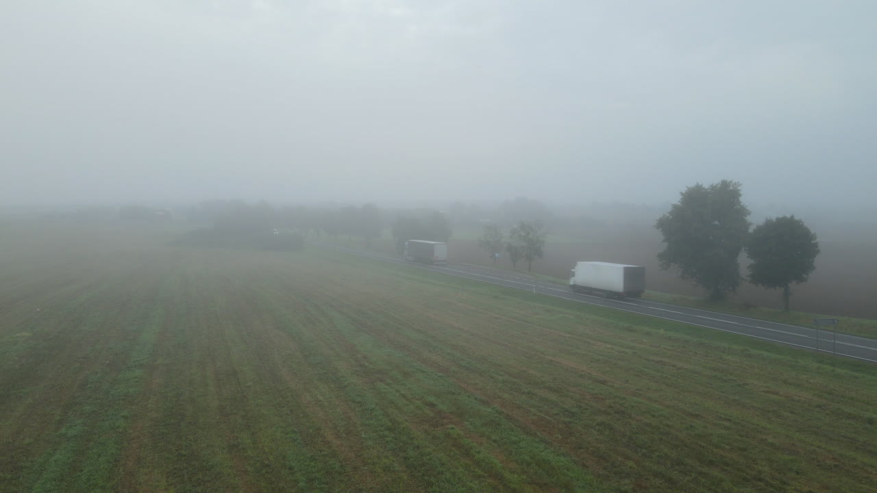 폴란드 루바와에서 차량이 지나가는 아스팔트 도로 옆 들판의 아침 안개
