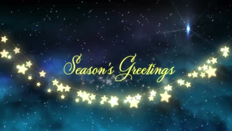 Animation-of-seasons-greetings-text-over-snow-falling-and-light-spots