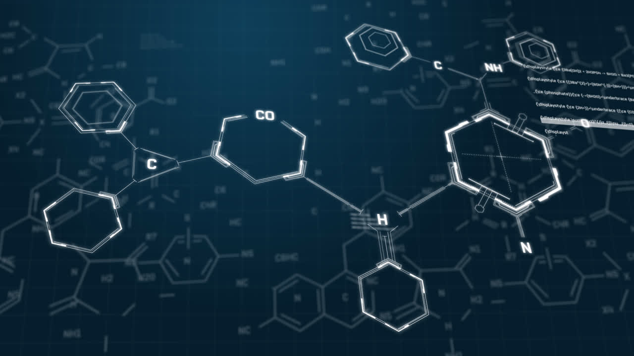 Animation of chemical formula structures and data moving on blue background