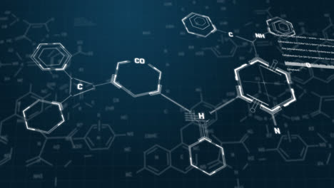 Animation-of-chemical-formula-structures-and-data-moving-on-blue-background