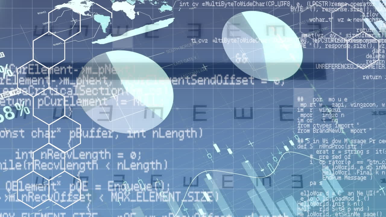 e 기호에 대한 인포그래픽 인터페이스에 대한 컴퓨터 언어를 통해 육각형 패턴의 애니메이션