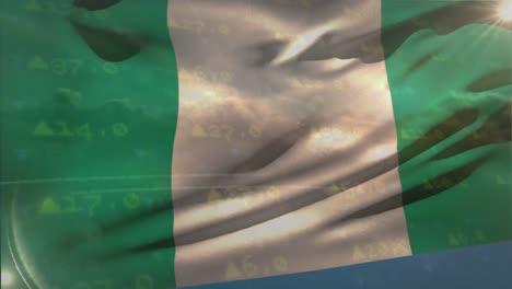 Animation-of-stock-market-data-processing-against-waving-nigeria-flag