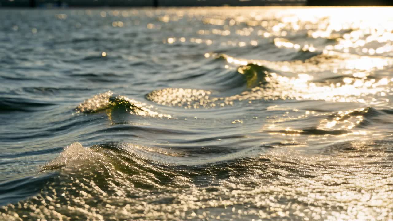 Increspature superficiali che si muovono verso la telecamera sul lago, mosse dalla brezza e riflettendo il sole.