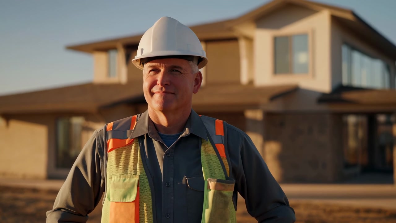 Man in protective helmet and high visibility vest remains facing camera outdoors, framed from waist up with modern house softly blurred behind him in warm sunlight.
