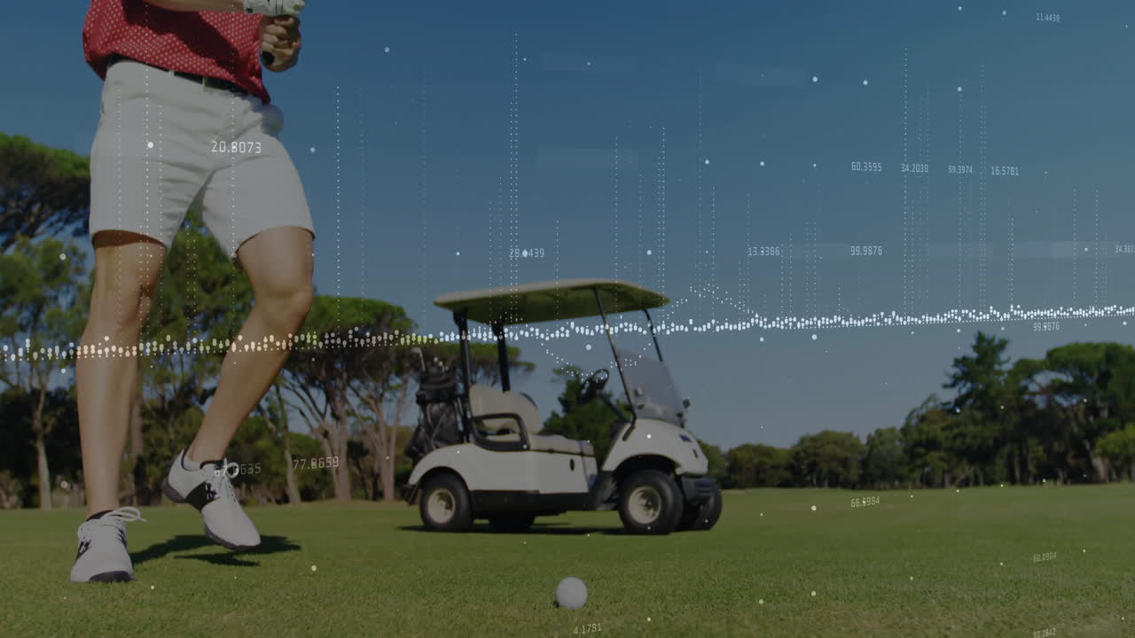 Male golfer preparing swing on sunlit tee box, displaying sports analytics points and line graphs
