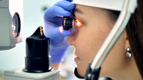 close up of woman's eye getting examined by an ocular in doctor's hand