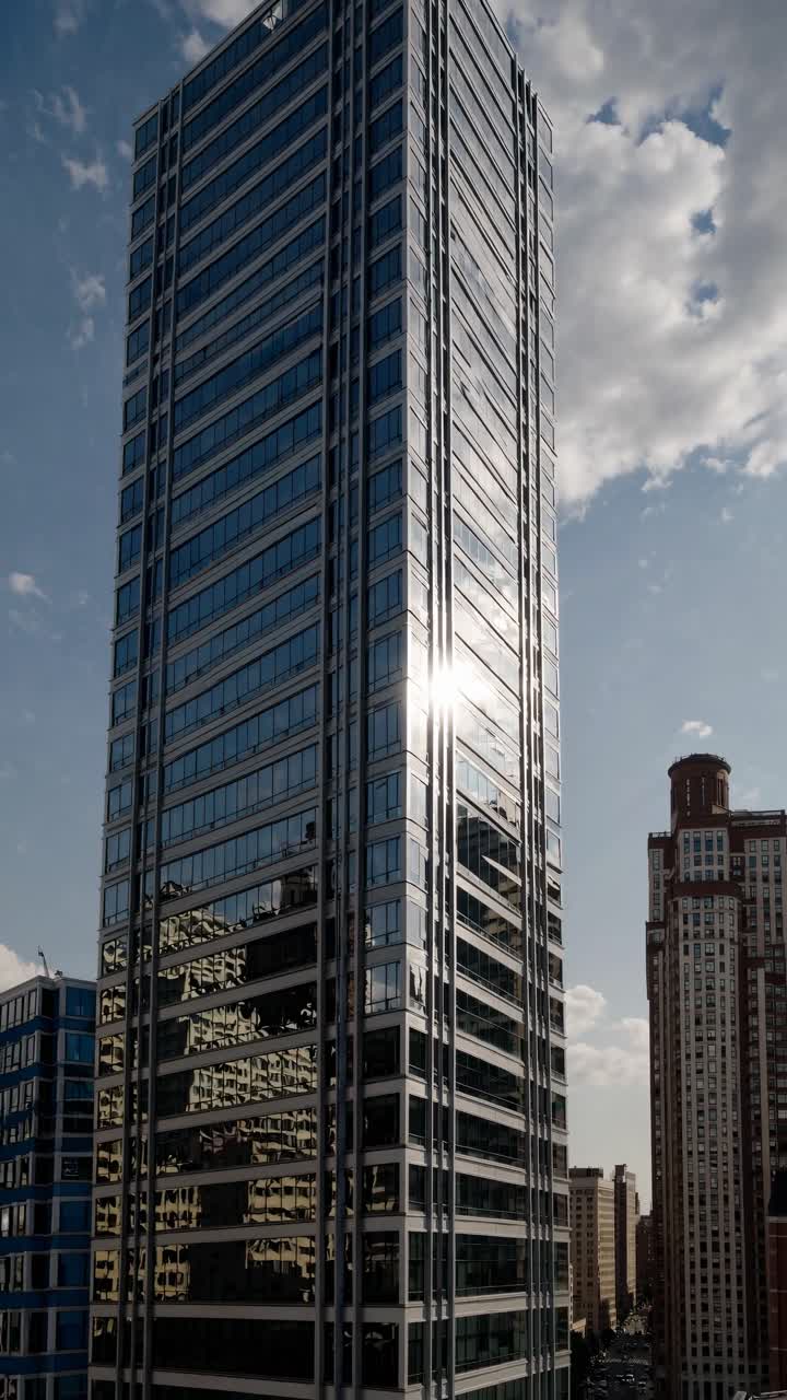 Aerial video shot of modern skyscrapers against a cloudy sky, capturing the sun's reflection