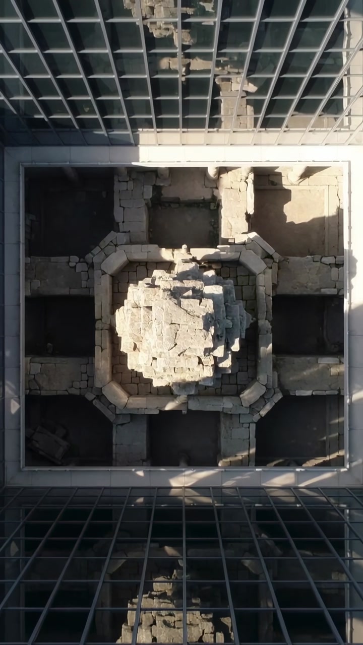 Camera shifting downward over atrium, octagon stone ruin showing reflection on glass for design